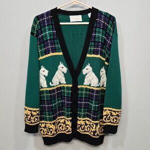 Vintage 90s Marisa Christina Cardigan Large Green Scottie Dog Plaid Dog Mom Twee